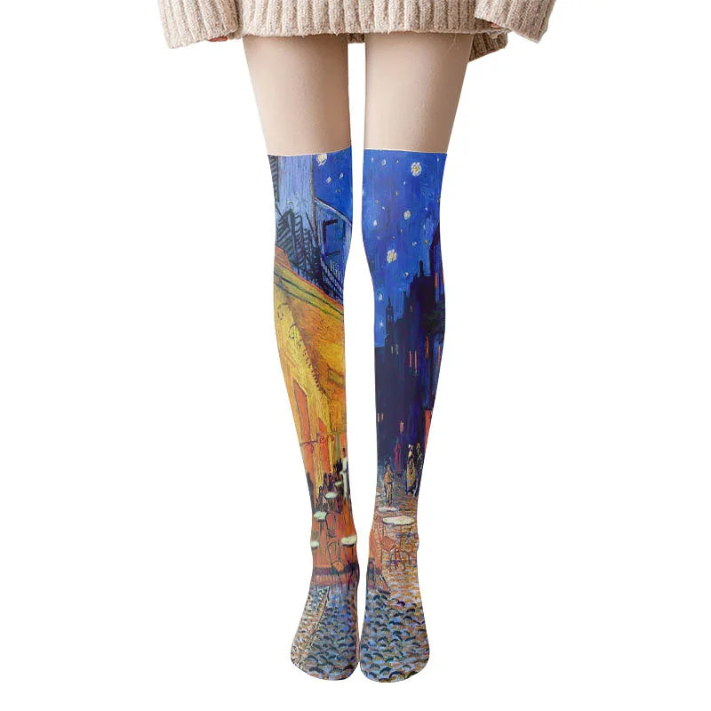 Van Gogh Retro Oil Painting Thigh Stockings Starry Sky Sunflower Qme style3 One Size