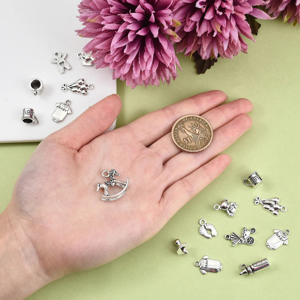 100pcs Baby Theme Charms Alloy Rocking Horse Baby Bottle Ginger Bread Man Toy Tibetan Baby Charms for Jewelry Making Bracelets Qme