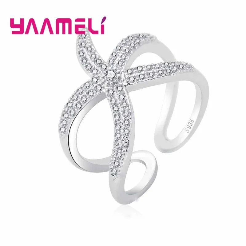 Newest Original 925 Sterling Silver Color Adjustable Ring Big Starfish Paved Shiny White Crystals Opening Rings Women Accessory Qme