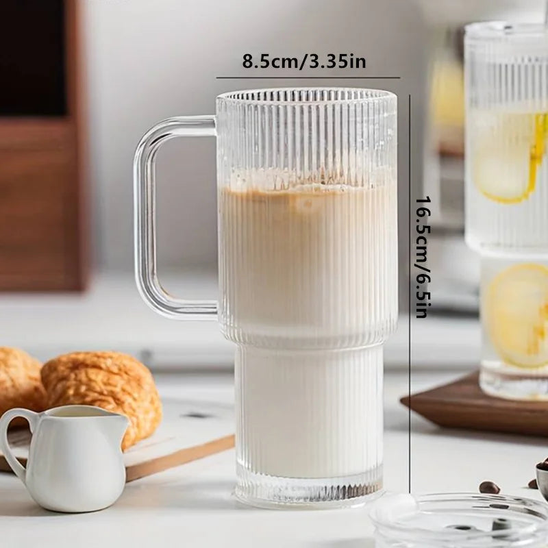 Vertical Striped Glass Cup With Handle Lid Straw Large Clear Tumbler Iced Coffee Tea Juice Cup Summer Portable Drinking Mug Qme