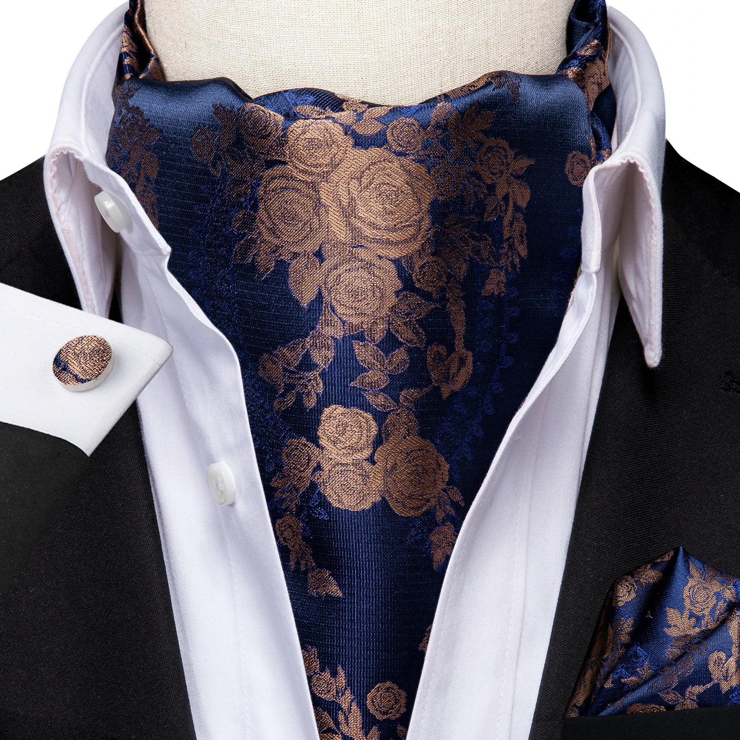 Hi-Tie Silk Mens Ascot Pocket Square Cufflinks Set Jacquard Paisley Floral Vintage Cravat Tie for Male Red Blue Green Gold Pink Qme AS-1050