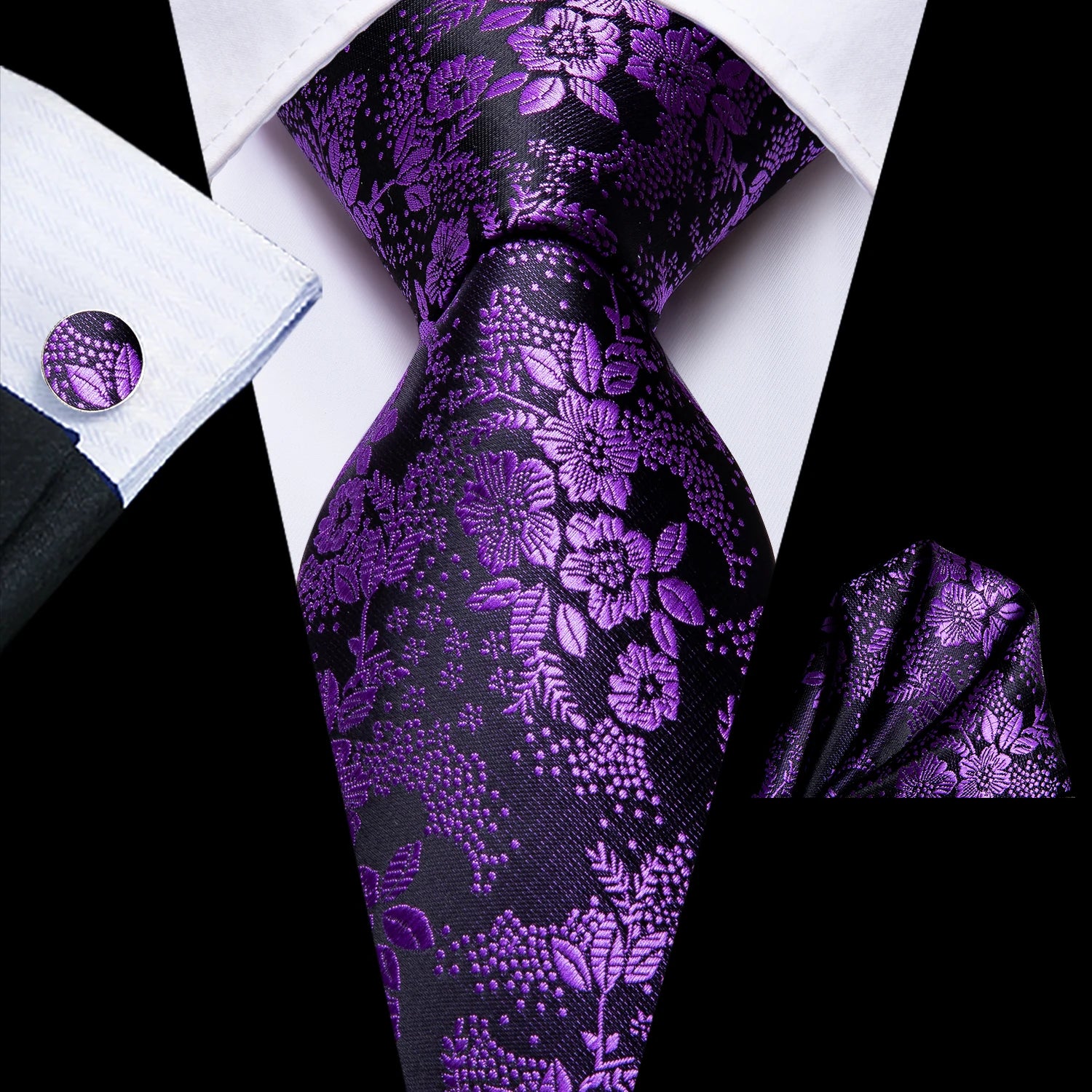 Hi-tie Mens Tie Purple Floral Stripes Solid Necktie Pocket Square