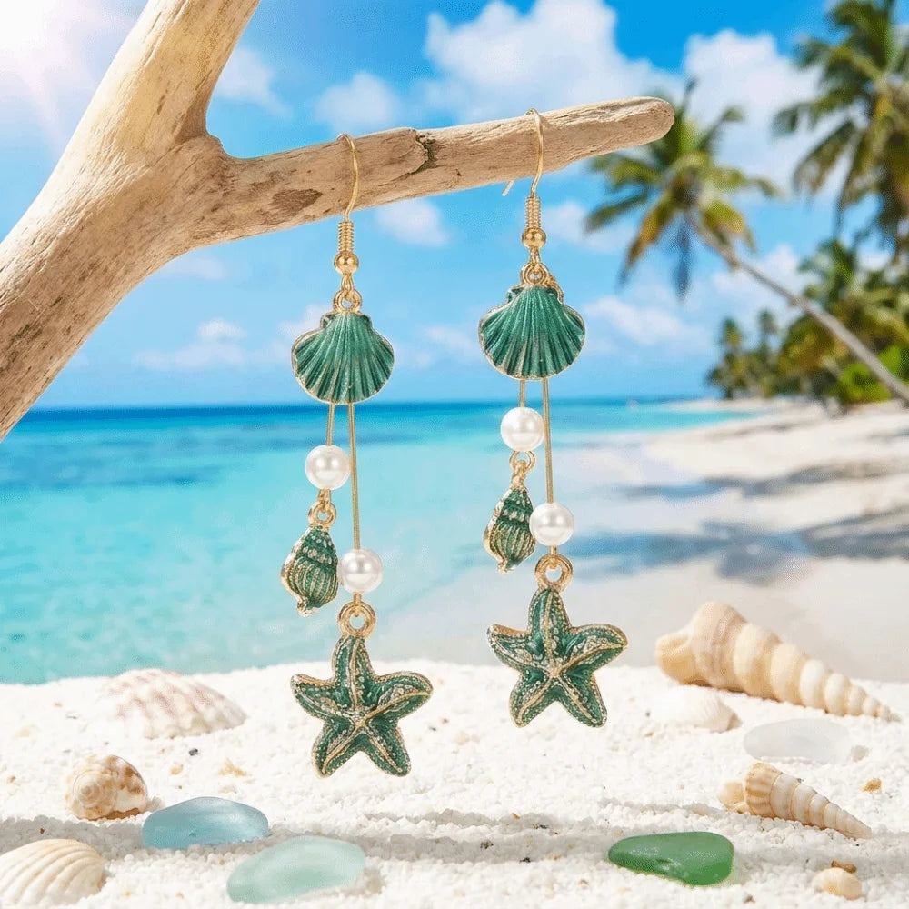Bohemian Style Alloy Starfish Drop Earrings Shell Elegant Long Tassel Earrings Conch Geometric Shape Pendant Earrings Gift Qme