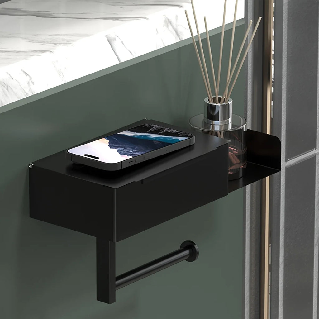 Wall-Mounted Toilet Paper Holder with Smartphone Stand - Modern Bathroom Tissue Dispenser, Essential Bathroom Organizer Qme