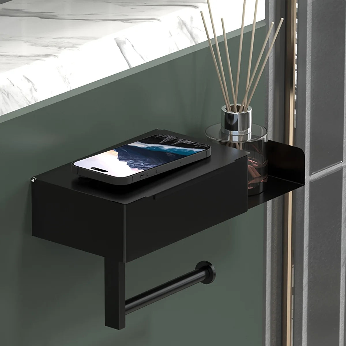 Wall-Mounted Toilet Paper Holder with Smartphone Stand - Modern Bathroom Tissue Dispenser, Essential Bathroom Organizer Qme