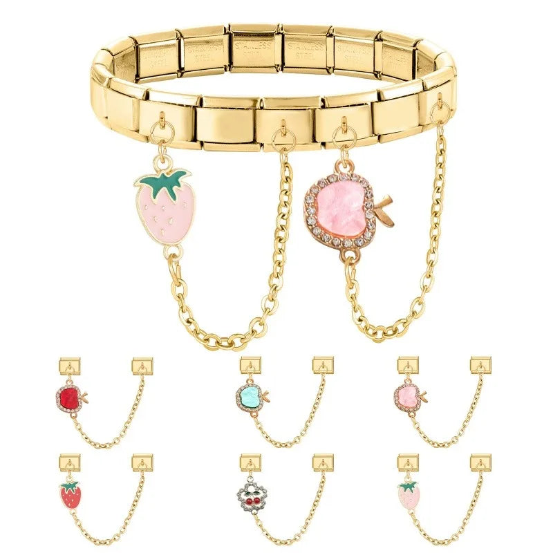 Shiny Zircon Red Apple Fruit Strawberry Cherry Chain Italian Charm Links Fit 9MM Bracelet Stainless Steel Women DIY Making Gifts Qme