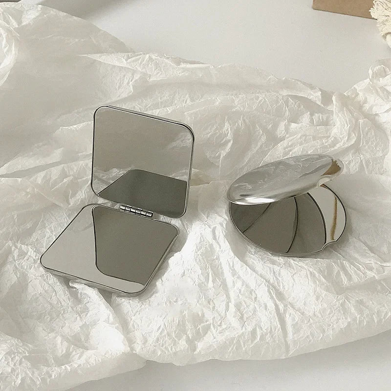 Portable Women Stainless Steel Makeup Mirror Hand Pocket Folded-side Qme