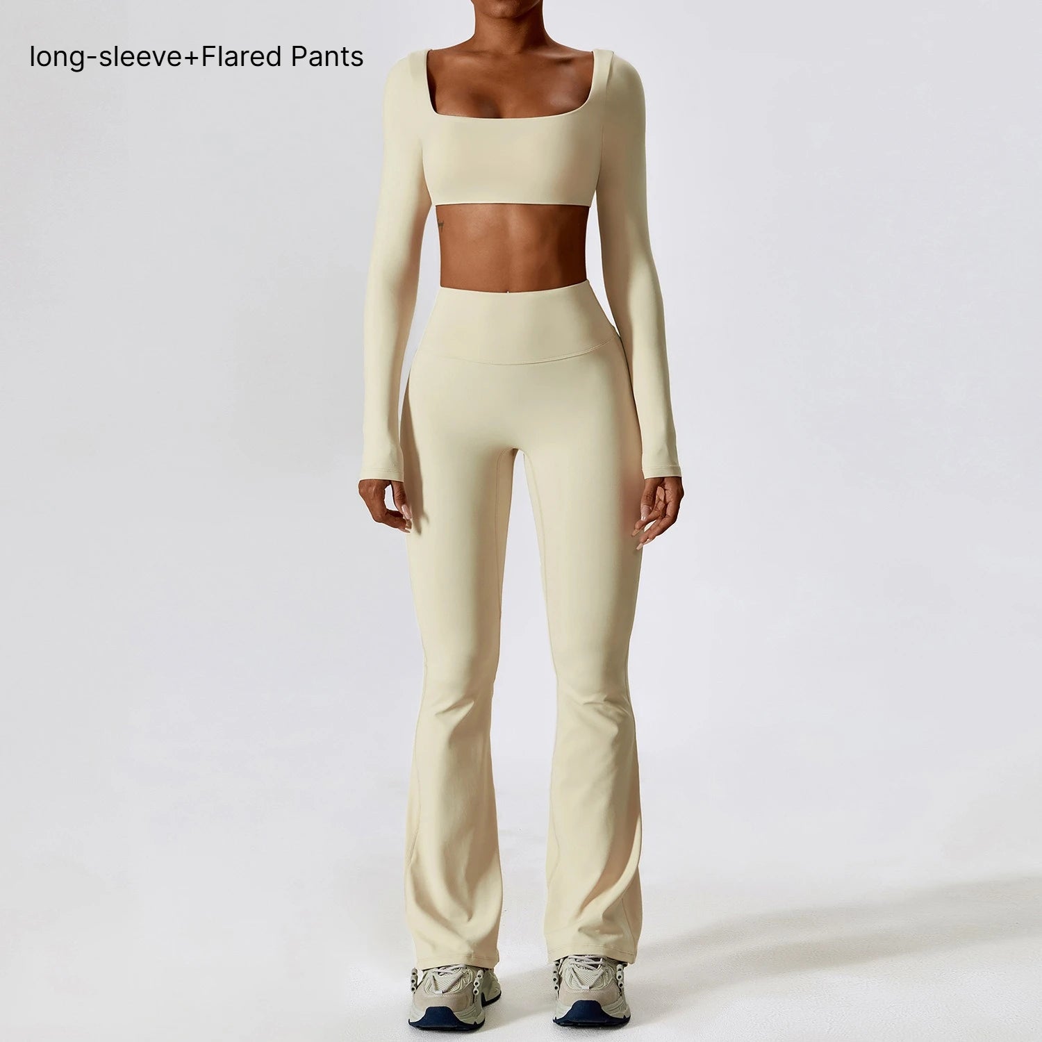 B 2PCS Yoga Suit Sports Set Women Quick-Dry Gym Set Women Tracksuit Running Workout Long Sleeve Sports Shirt Yoga Clothing Qme Top pants Apricots S