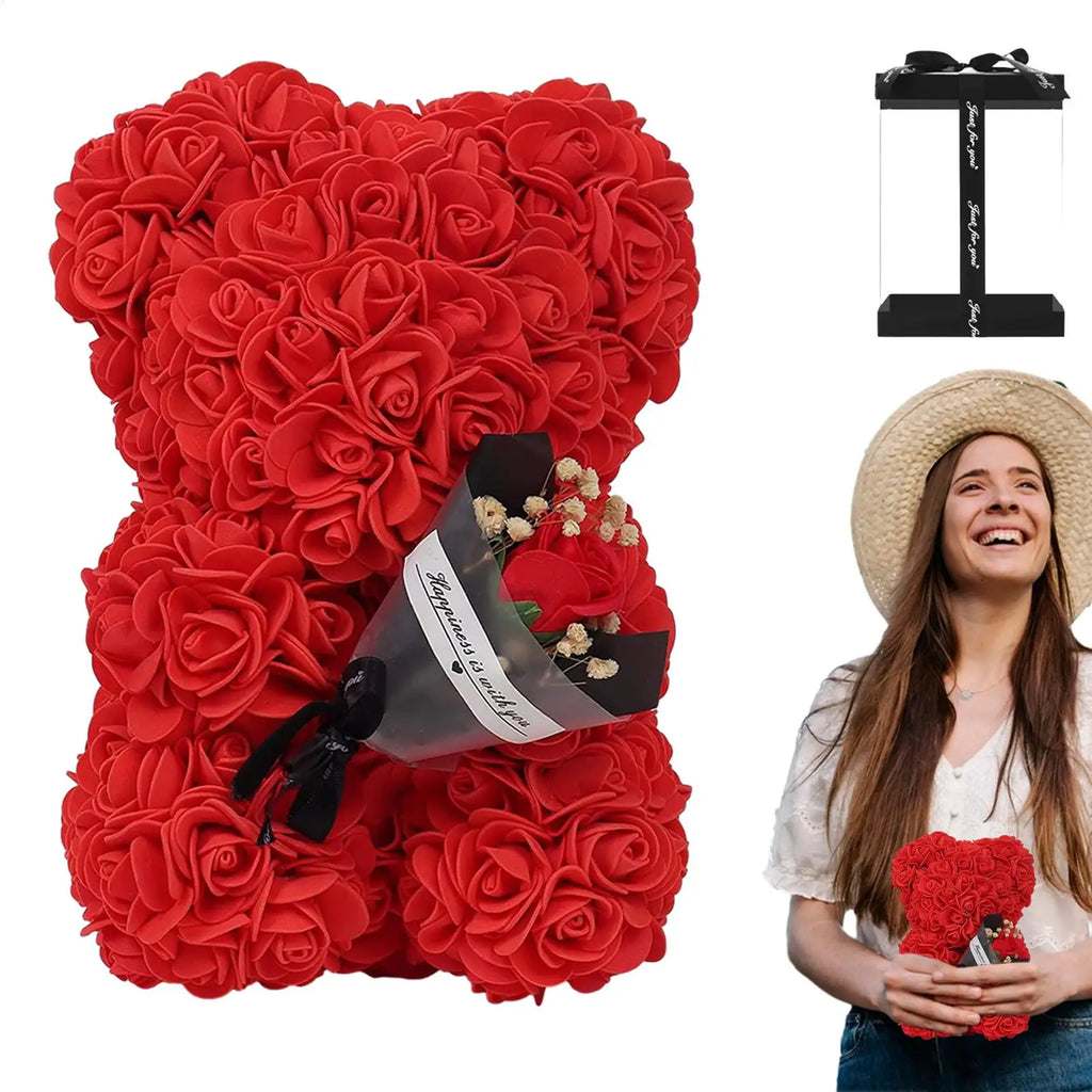Flower Bear 9.45in Artificial Forever Flower Rose with Clear Box Romantic Gift for Her Handmade Valentine Bear for Home Decor Qme
