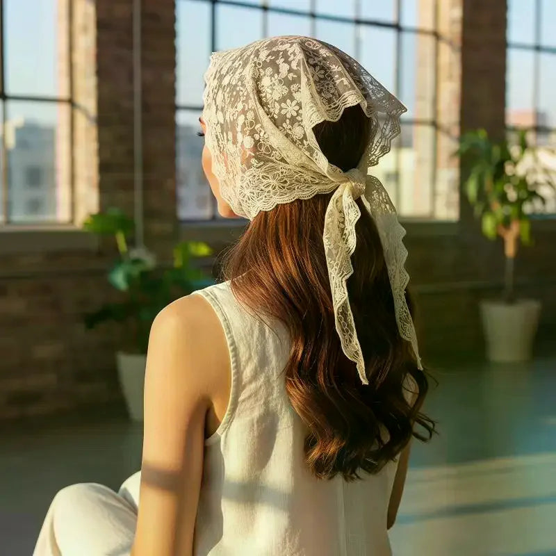Vintage Boho Lace Trim Triangle Headscarf Multi-functional Qme