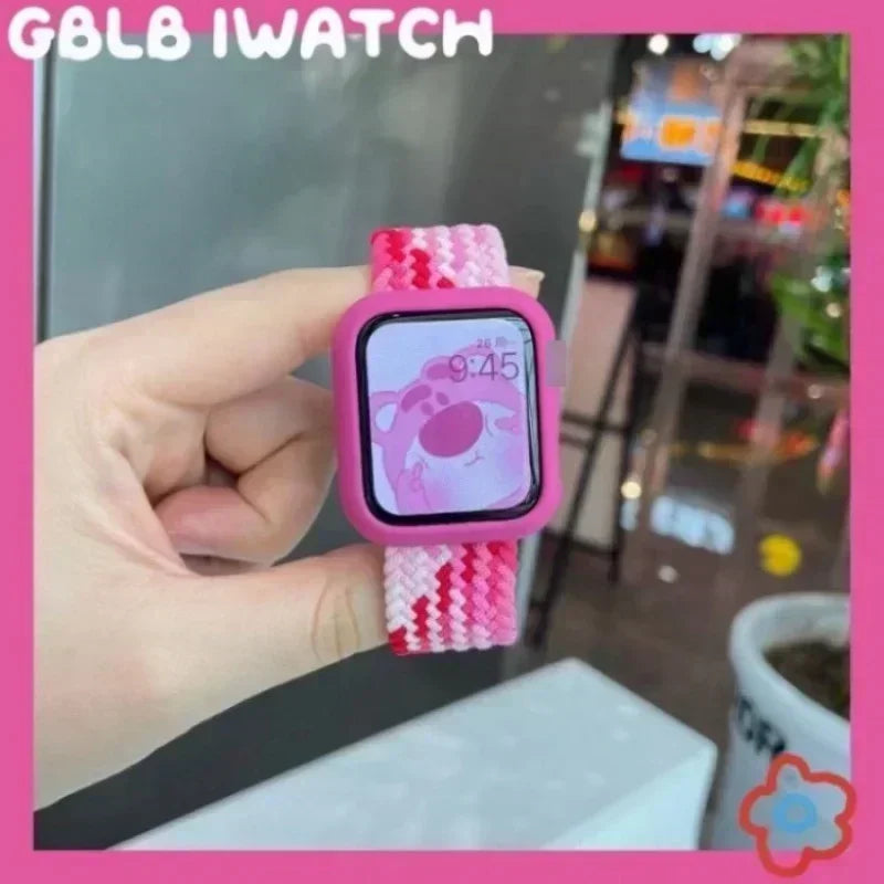 Korean Cute Braied Strap + Case For Apple Watch Band 49mm 46mm 45 44 38 42 Nylon Bracelet For iWatch Series 10 9 8 7 6 5 4 3 SE Qme