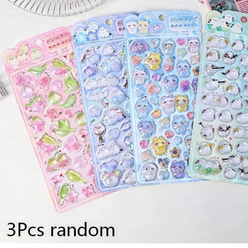 Cute Cartoon Bird Stickers 3D Relief Crystal Sticker Laptop Phone Case Scrapbooking Decals DIY Stationery Decoration Lovely Gift Qme 3Pcs