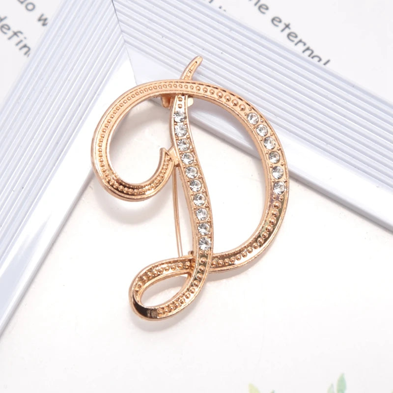 Women Luxury Letter Brooch Pins Gold Rhinestones Crystal English Qme D