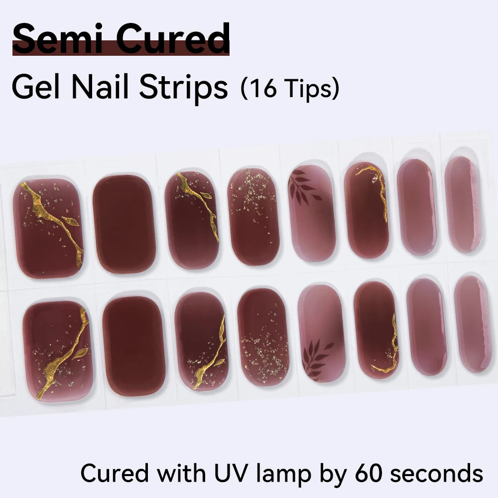 16Tips Semi-cured Gel Nail Sticker Colorful French Glitter UV LED