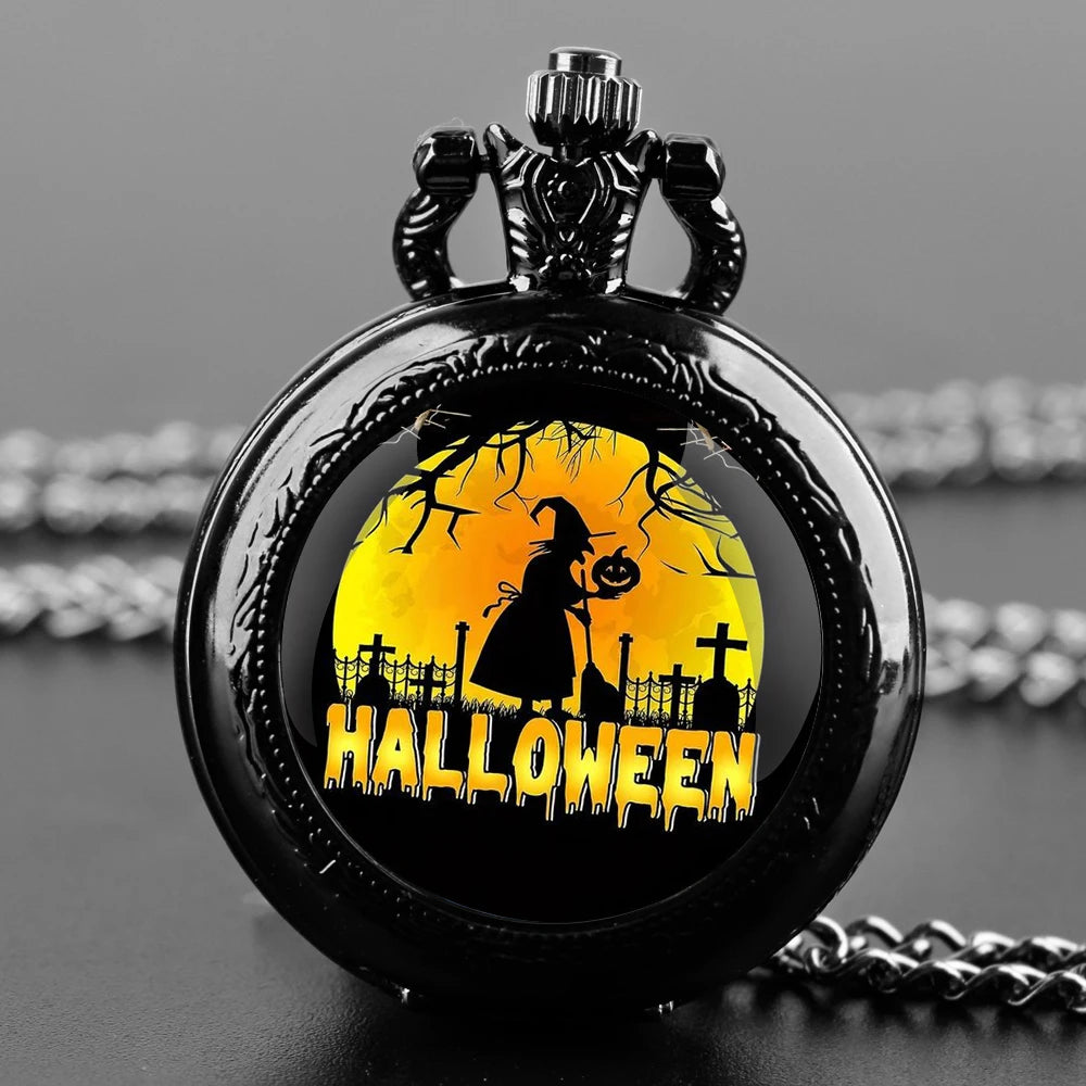 Black quartz pocket watch with Halloween glass dome, Arabic numeral dial and durable chain Qme