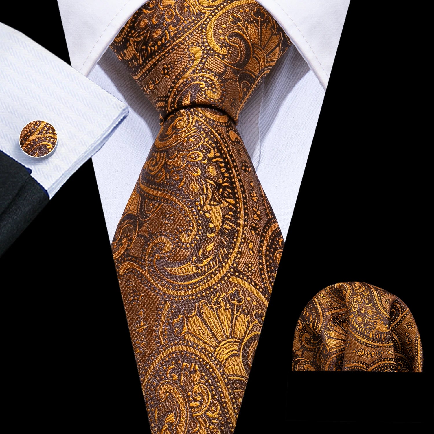 Tie Set for Men, 3-Piece Wedding Accessories with Cufflinks & Pocket Handkerchief, Striped/Floral Design Qme DPTH-HT-LDSN1551