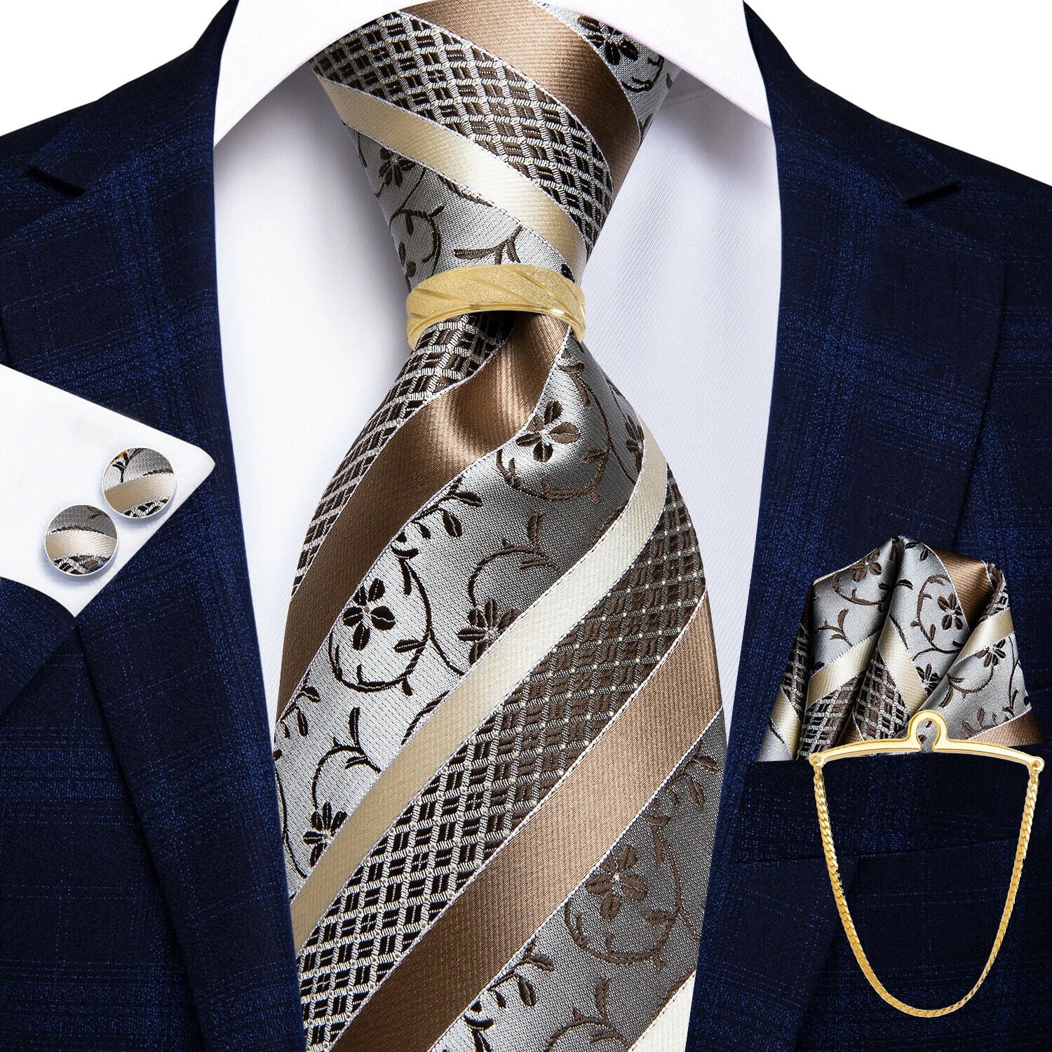 Hi-Tie 5PCS Mens Necktie With Hankie Cuffs Ring Chain-Gift Tie Set Fit Wedding Prom Office Fashion Design Quality Dropshipping Qme n-0905-DPTJ01-LZ01
