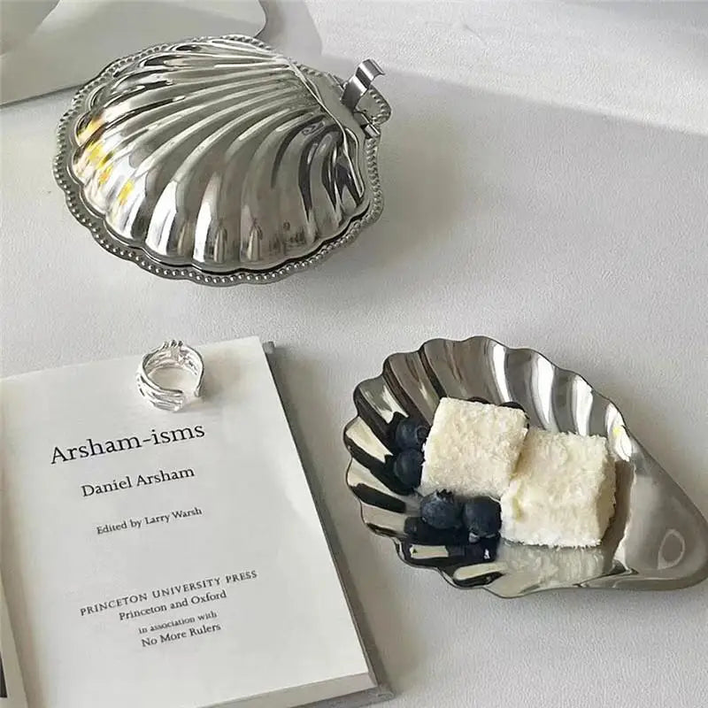 Stainless Steel Plate Shell Shaped Dish Metal Cheese Dessert Dish Plate Jewelry Storage Metal Tray Soap Box Table Decoration Qme