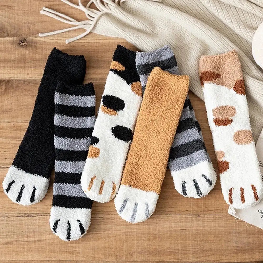 Women Winter Warm Fluffy Socks Cute Animal Claw Cat Paw Footprint Fuzzy Socks Female Thick Coral Fleece Home Floor Sleep Socks Qme