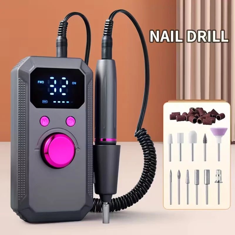New Professional Electric Nail Art Drill Portable Electric File HD Display Multi Head Replaceable Nail Art Lathe Grinder Qme black