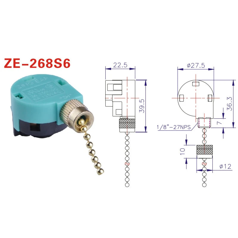 1Pc Ceiling Fan Switch 3 Speed 4 Wire ZE-268S6 Fan Pull Chain Speed Control Switch. Qme
