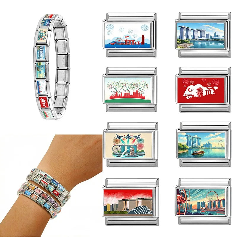 Fashion Colored Color Charm Ferris Wheel Lake City Scenery Italian Link Fit 9mm Stainless Steel Bracelet Jewelry Making DIY Gift Qme
