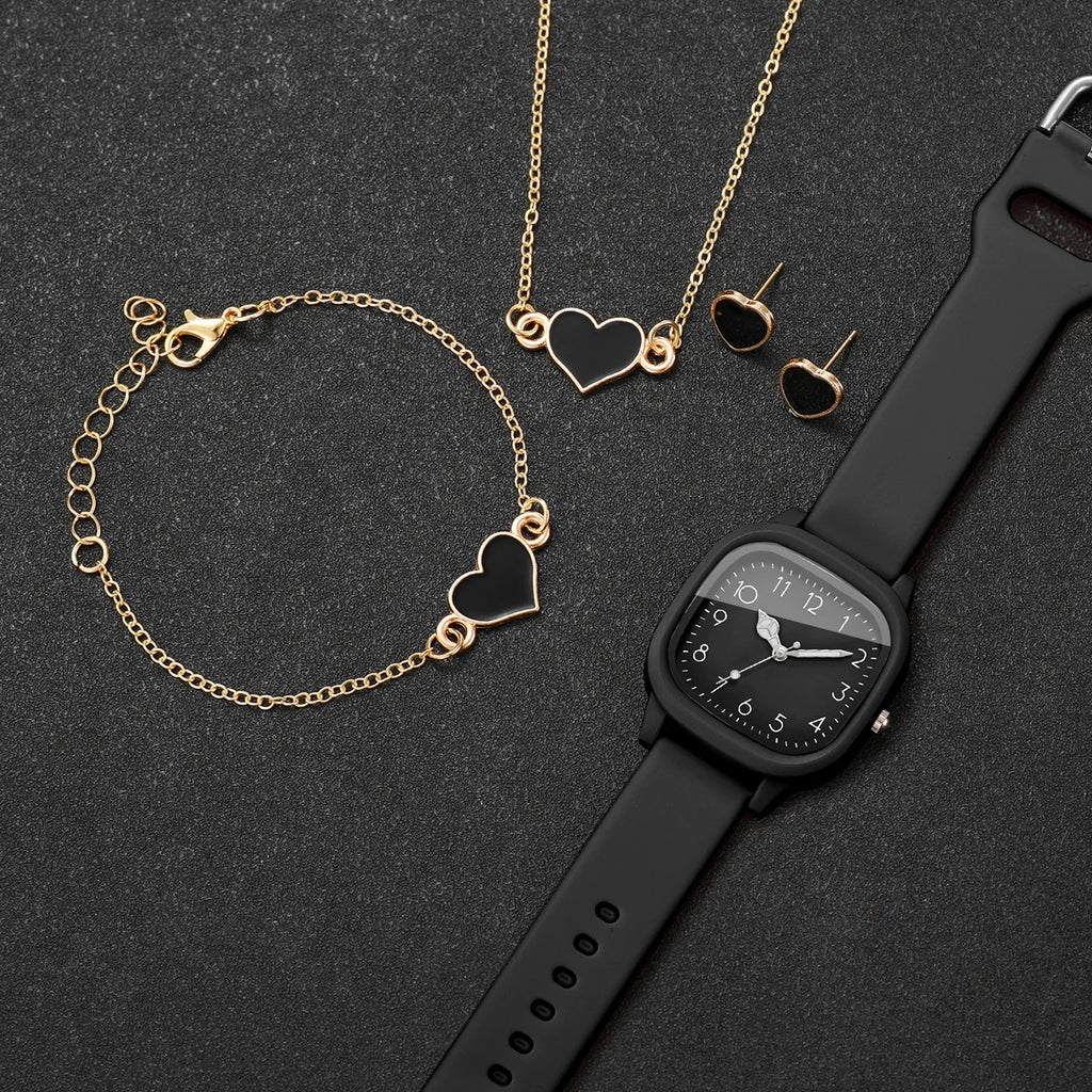 Women 4 In 1 Watch Jewelry Set Square Silicone Watch Black Heart Necklace Bracelet Earrings Elegant Ladies Quartz Wristwatch Gif Qme