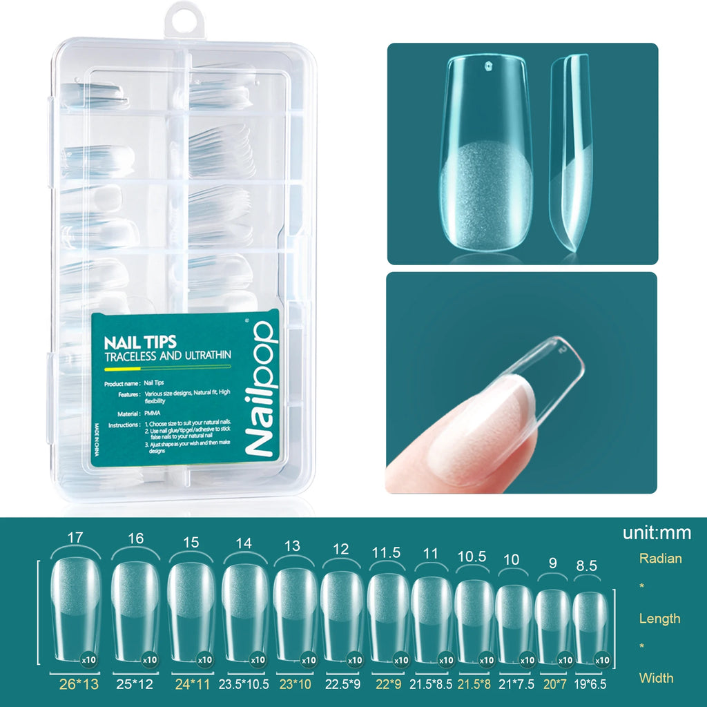 Nailpop False Nails Clear 12 Sizes Acrylic Full Cover Tips Reusable Qme M-Square 120