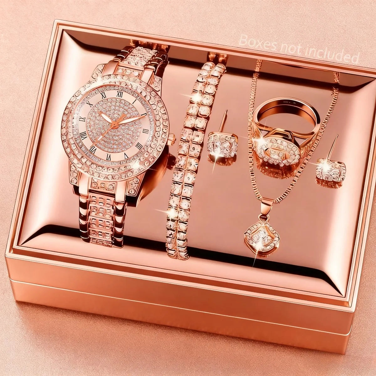 Ladies' Watch Set, 7-piece Set, Fashionable New Ladies' Elegant Quartz Watch, Creative Water Diamond Inlaid Design Jewelry Set Qme Rose