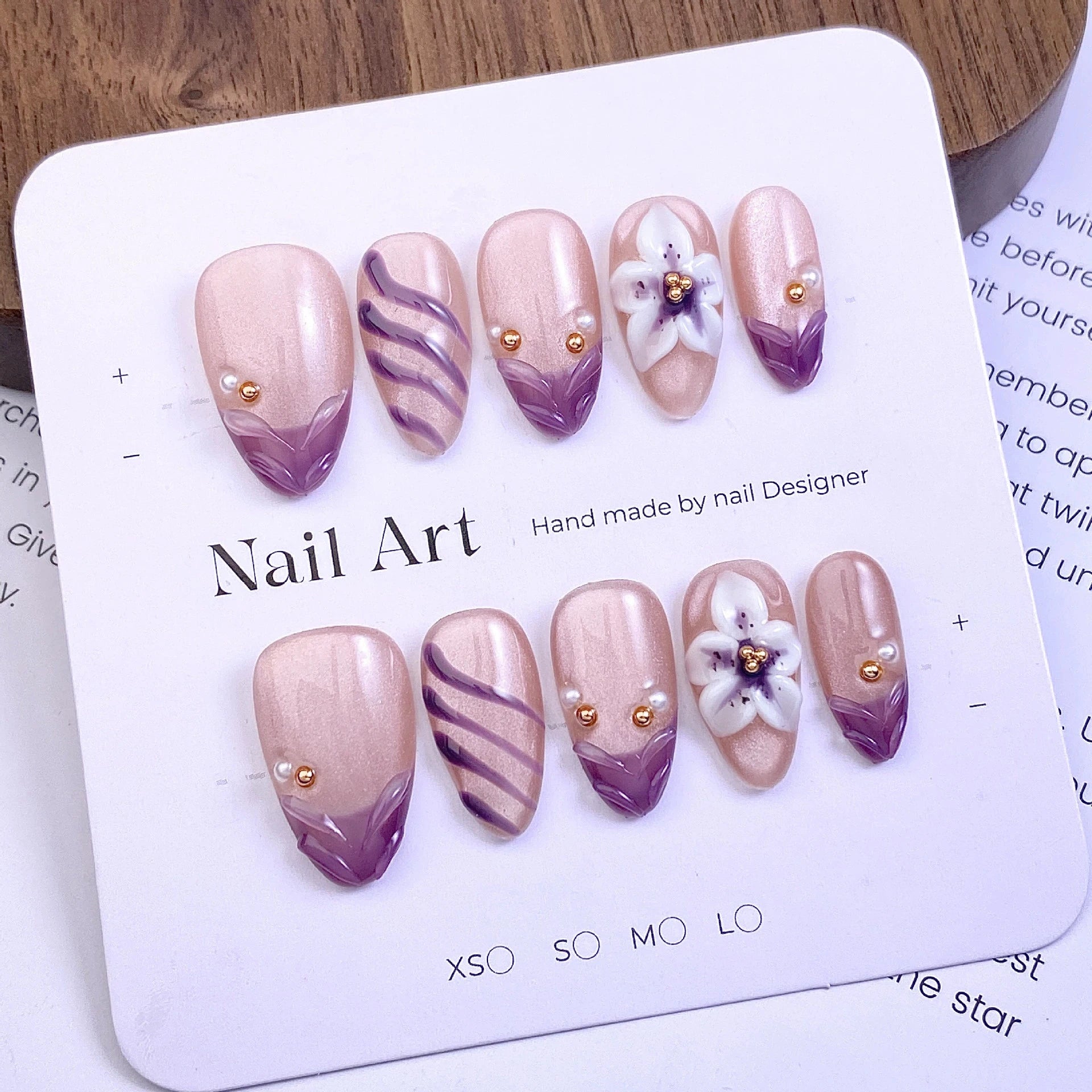 High-end Handmade Diamonds Chic Pink Flower Press Nails Sweet Cat Eye Qme GJ-CDJ-ZB193-S