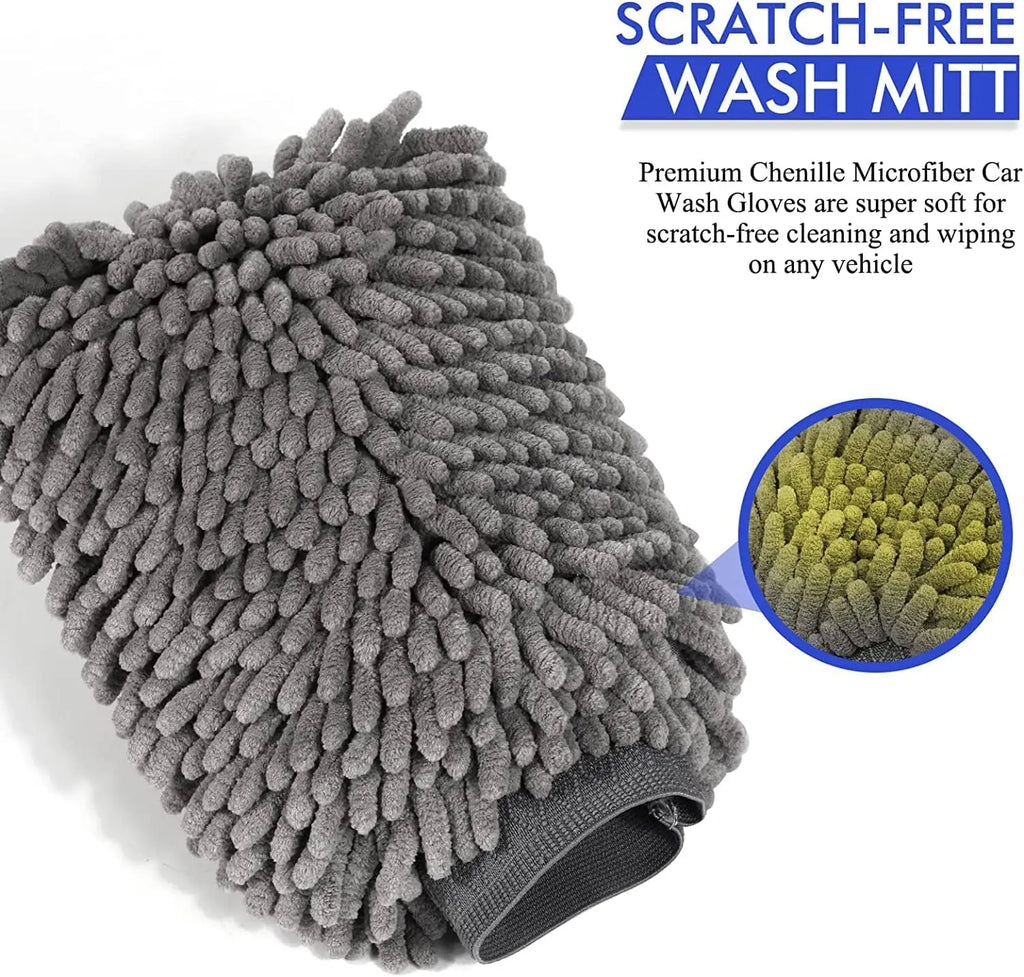 Large Size Car Wash Mitt-Premium Chenille Microfiber Wash Glove and Microfiber Towels - Lint Free（2 Towels+2 Mitts）Grey Qme