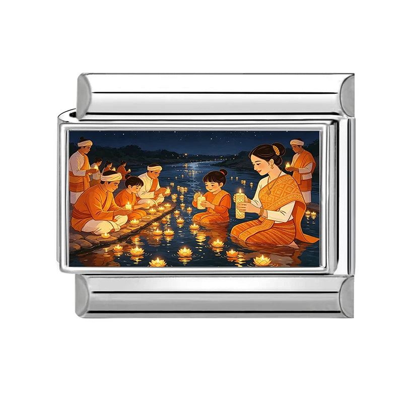 Floating Water Lanterns offer sacrifices Buddhist Lent Charms Italian Links Fit 9mm Bracelet Stainless Steel DIY Making Jewelrys Qme Style 13