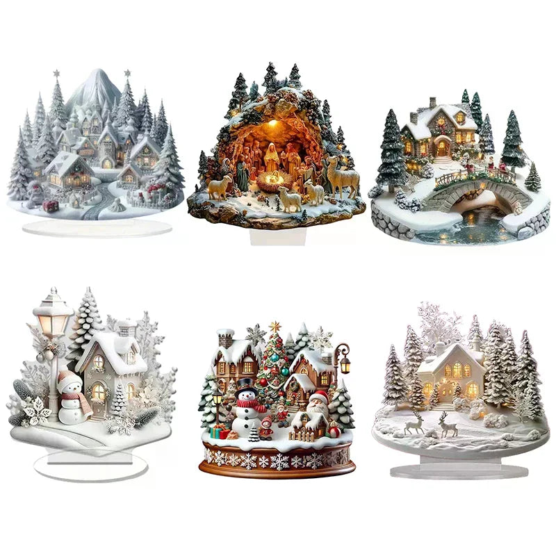 2D Elegant Acrylic Christmas Decoration Snowhouse & Reindeer Scene Home Office Ornaments Festive Warm Party Gift Photo Props Qme