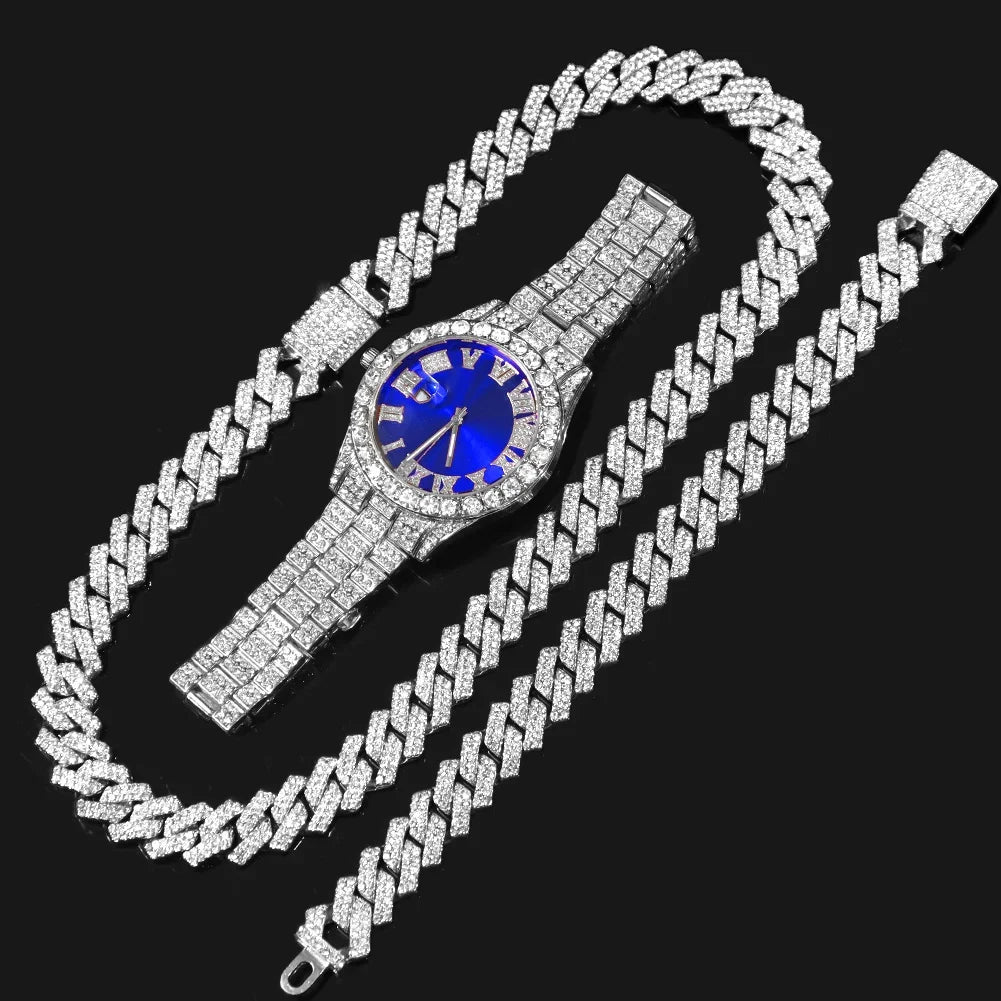 Fashion Rhinestone Wrist Watch & Hip Hop 14MM Prong Cuban Chain & Rapper Cuban Necklaces Set, Punk Party Gift Qme