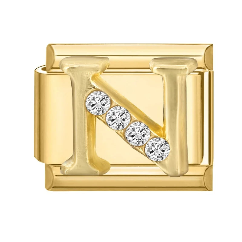 Wholesale Shiny CZ 26 Letters A-Z Gold Color Italian Charms Gold Plated 9mm Stainless Steel Modular Bracelet DIY Jewelry Gift Qme N
