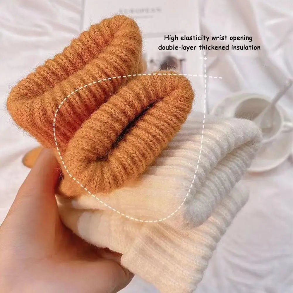 1Pair Women Gloves Knitted Solid Autumn Winter Hand Warmer Thicken Lining Skiing Short Wrist Female Full Fingered Mittens Qme