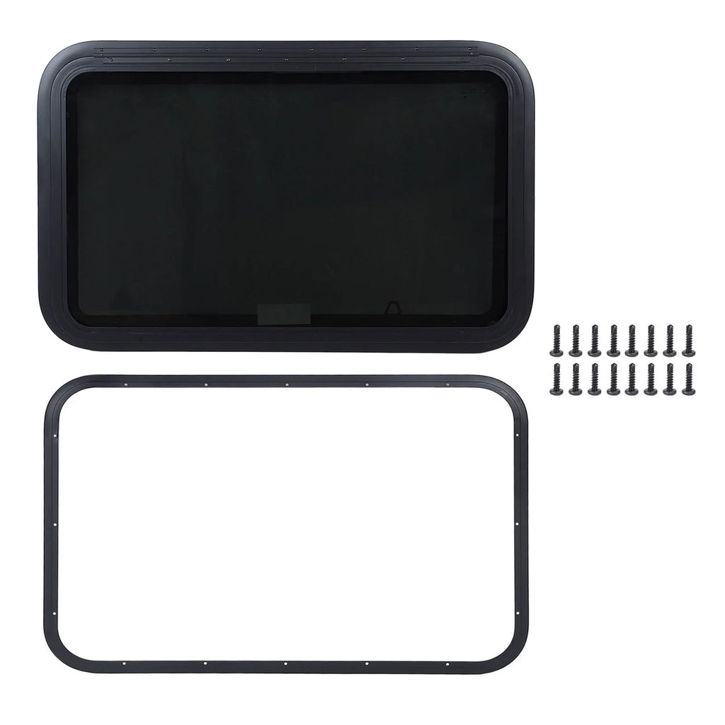 RV Exit Window Rust Proof 914*559mm Increased Privacy UV Tempered Glass with Screen & Trim Kit Pop-Out Egress for Trailer Camper Qme Black