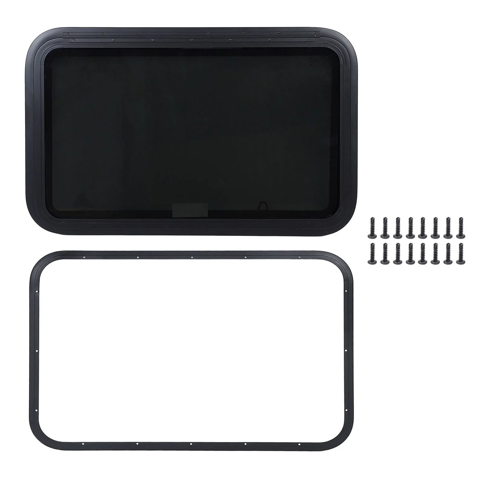 RV Exit Window Rust Proof 914*559mm Increased Privacy UV Tempered Glass with Screen & Trim Kit Pop-Out Egress for Trailer Camper Qme Black