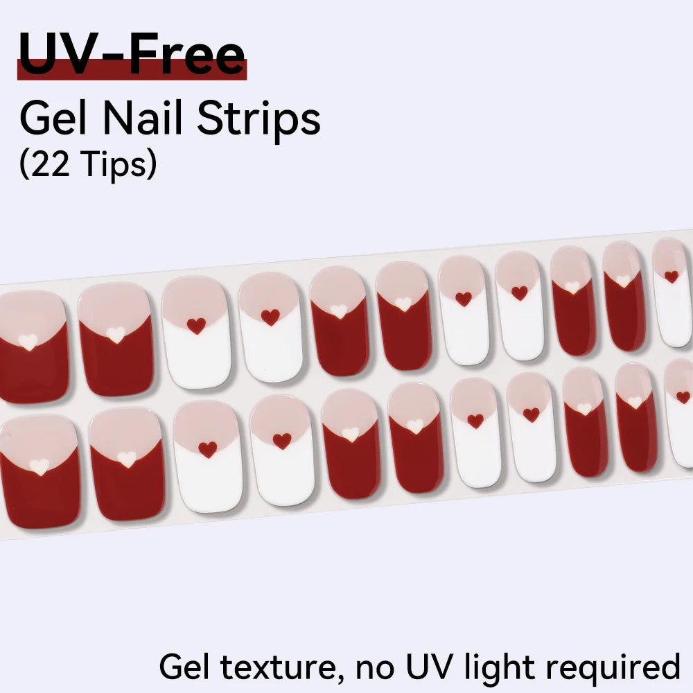 22 Tips Sheet Red French Heart UV-Free Gel Nail Stickers Long-lasting Qme BSA-0381