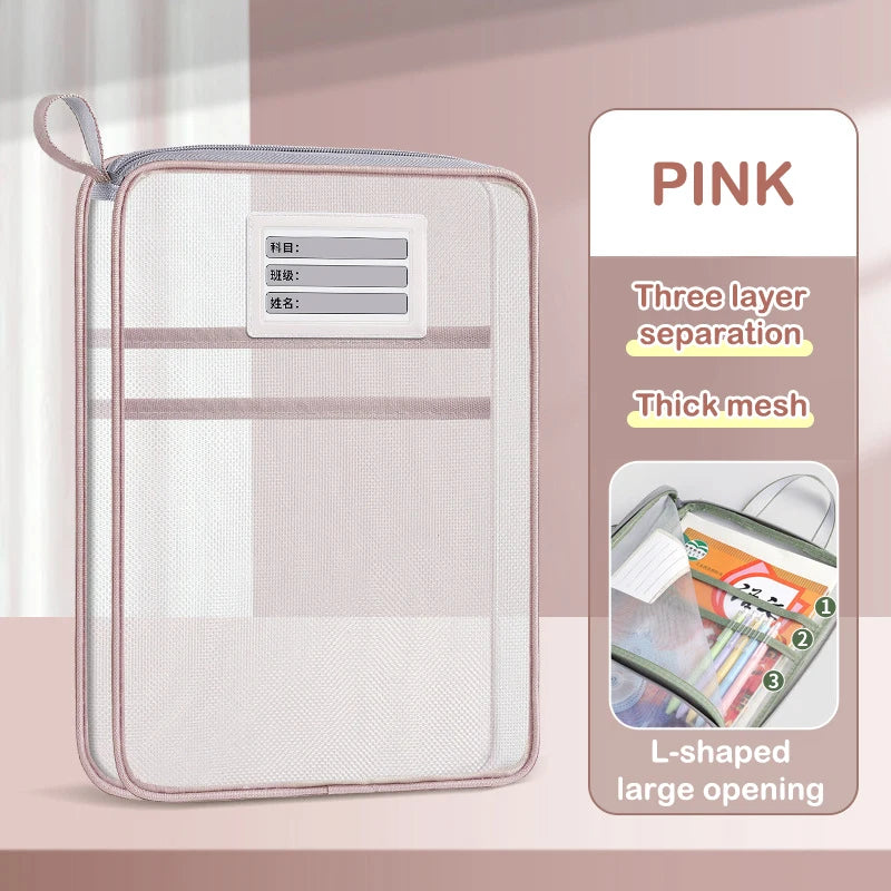 A4 Double-layer Mesh Zipper Bag Large Capacity Stationery Storage Qme 33CM pink