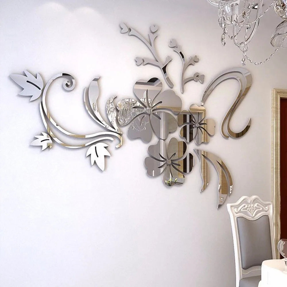 3D Mirror Floral Art Removable Wall Sticker Acrylic Mural Decal Home Room Decor Solid Color Flower Pattern Wall Sticker Qme
