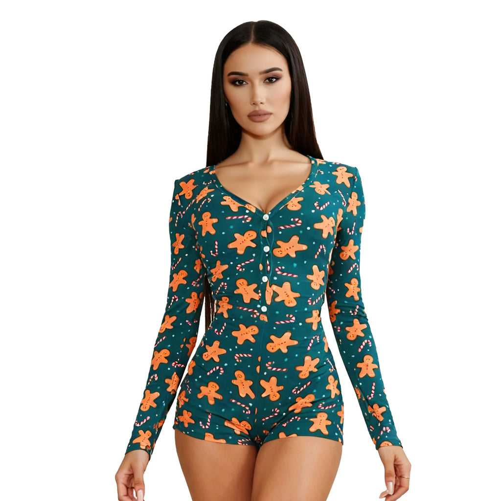 Women's Christmas One Piece Long Sleeve Jumpsuit Gingerbread Printed Romper Pajamas V-Neck Shorts Jumpsuit Cosplay Costume Qme green L