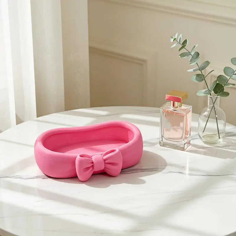 Cute Bow Decor Large Capacity Jewelry Storage Tray Smooth Vanity Dish Qme