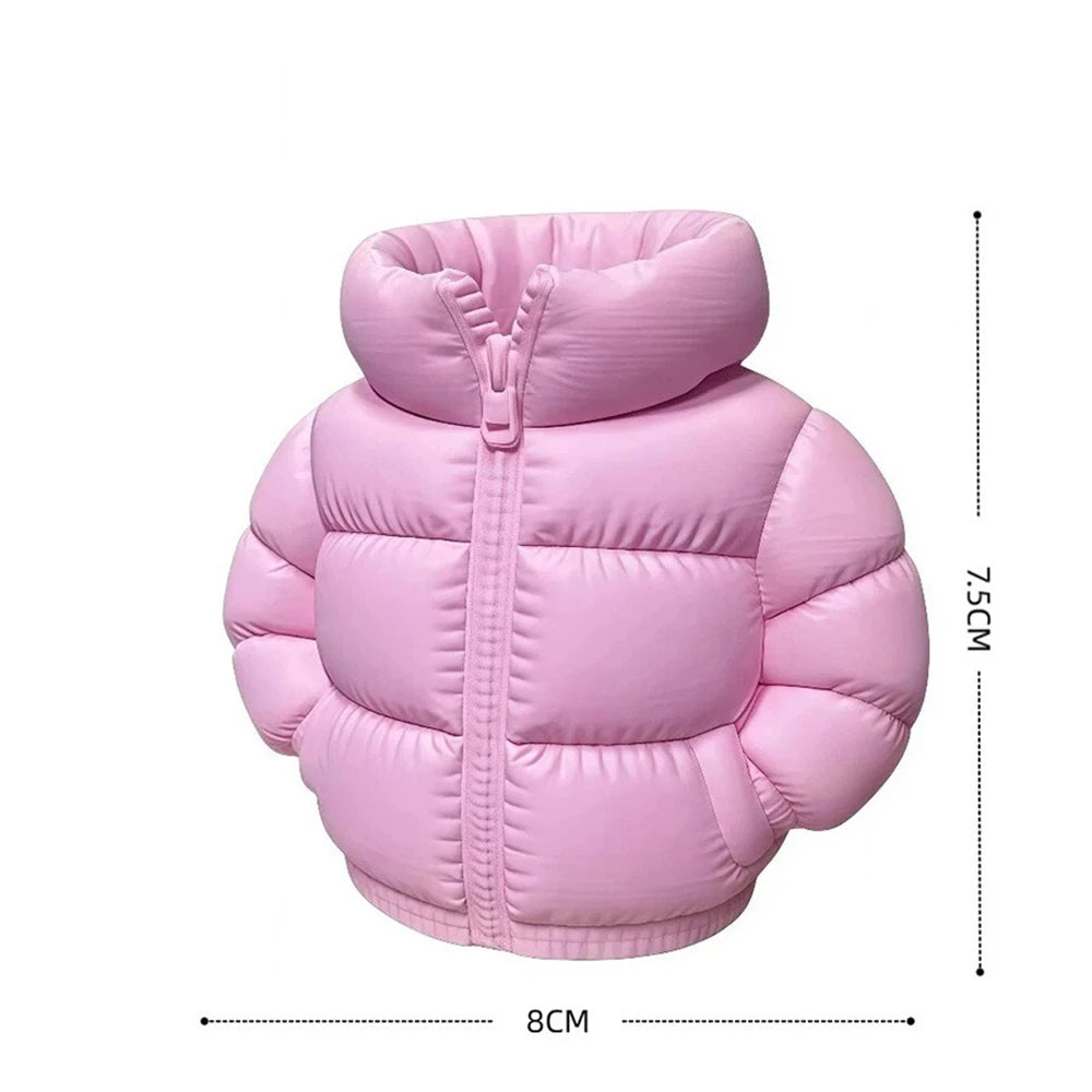 Down Jacket-Shaped Pen Holder Desktop Organizer for Stationery Makeup Brushes Home Office Shelf Decor, for Shool Gift Qme Pink 7.5x8CM