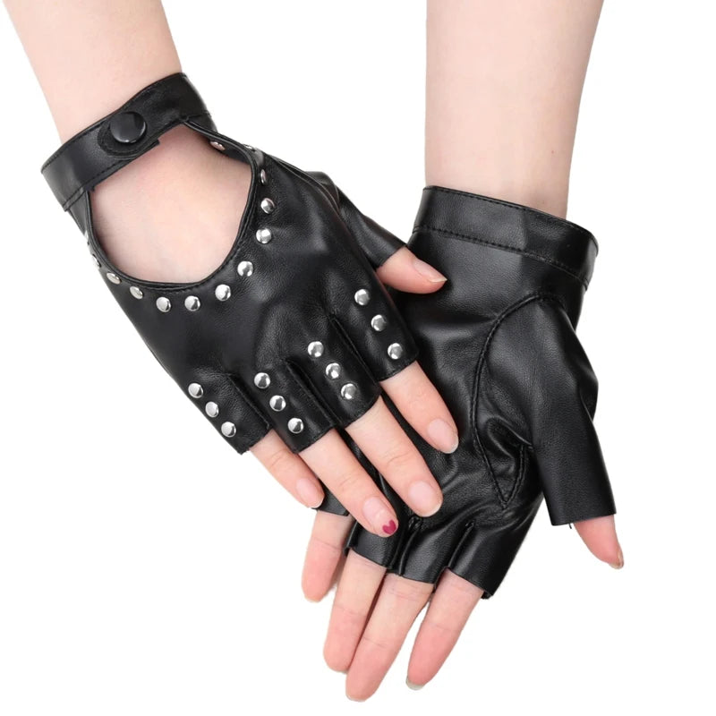Unisex Y2K Gothic Lolita Black Fingerless Gloves Motor Cool Rivet Qme