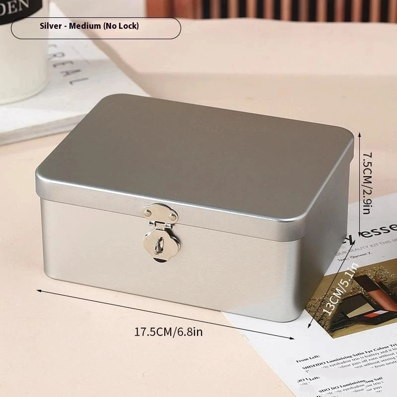 Silver Lockable Tin Storage Box Multifunctional Desktop Metal Jewelry Qme A2