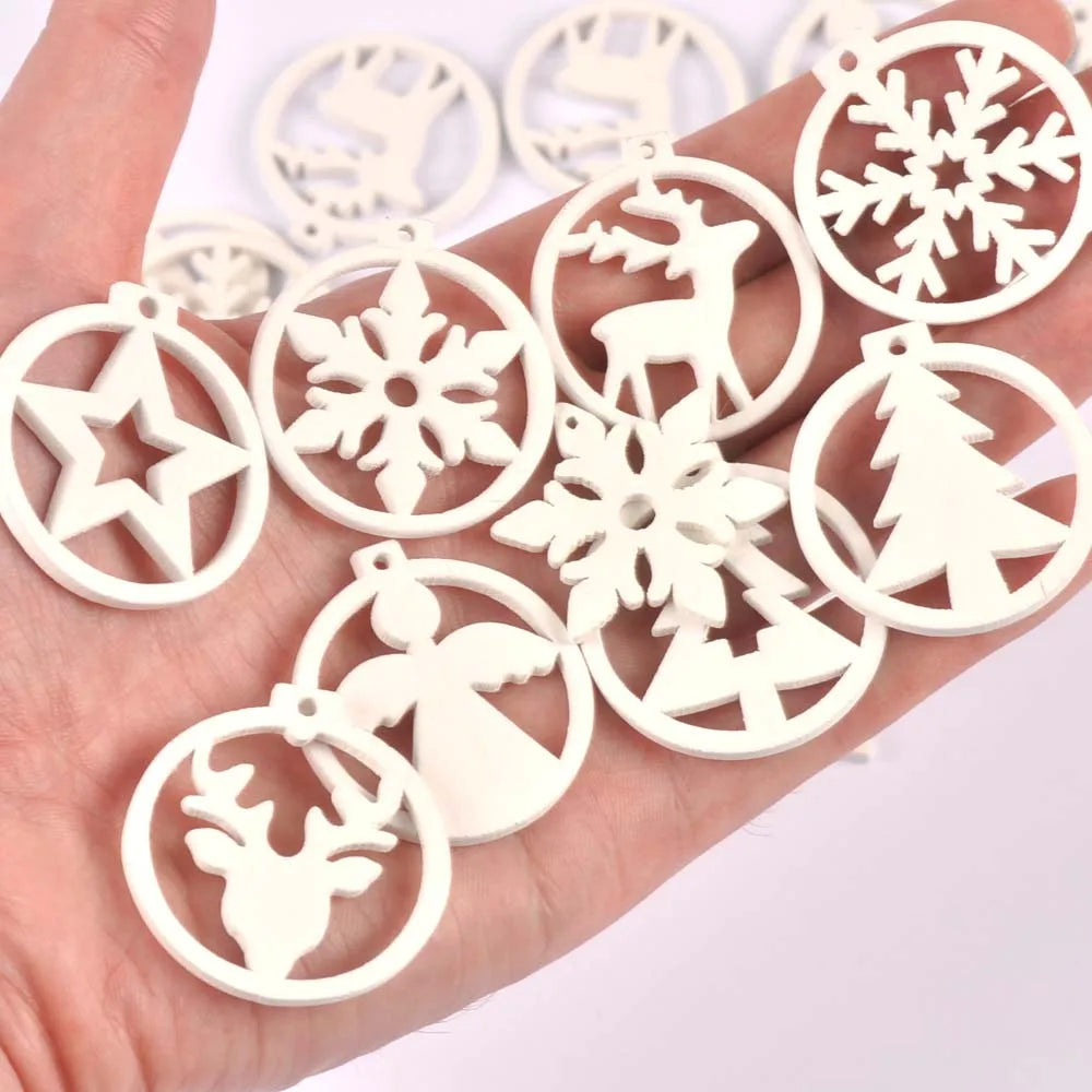 30Pcs Christmas Round White Snowflake Tree Angel Wooden Pendant Hanging Oranments DIY Handmade Supplies Xmas Home Party Decor Qme Default Title