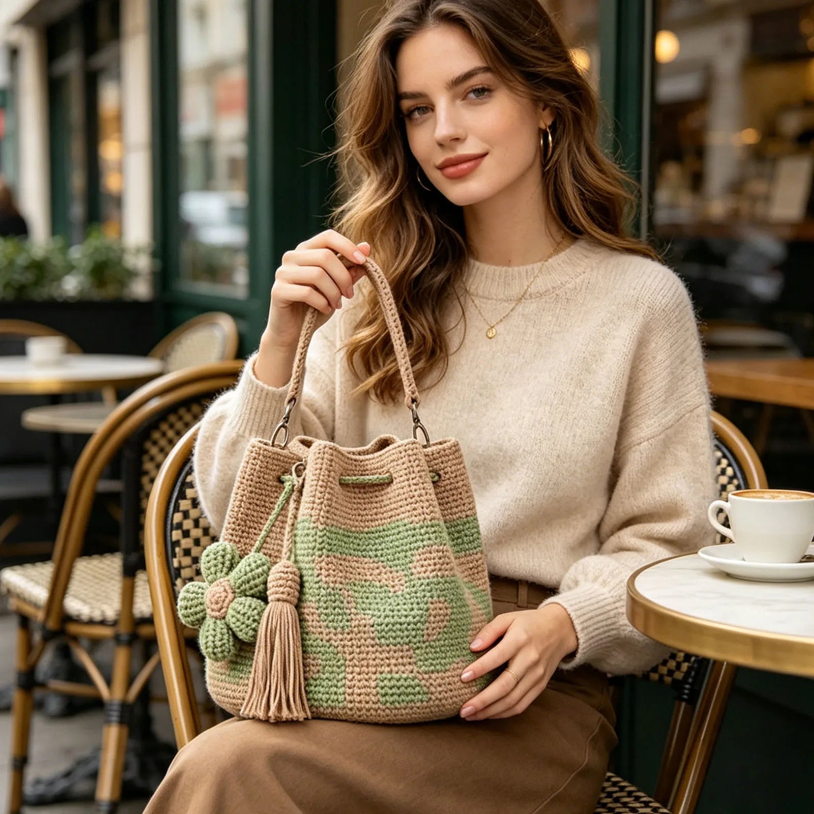 Boho Beach Handbag Lightweight Embroidery Aesthetic Boho Bag with Flower Tassel Needlepoint Barrel Drawstring Purse for Women Qme green