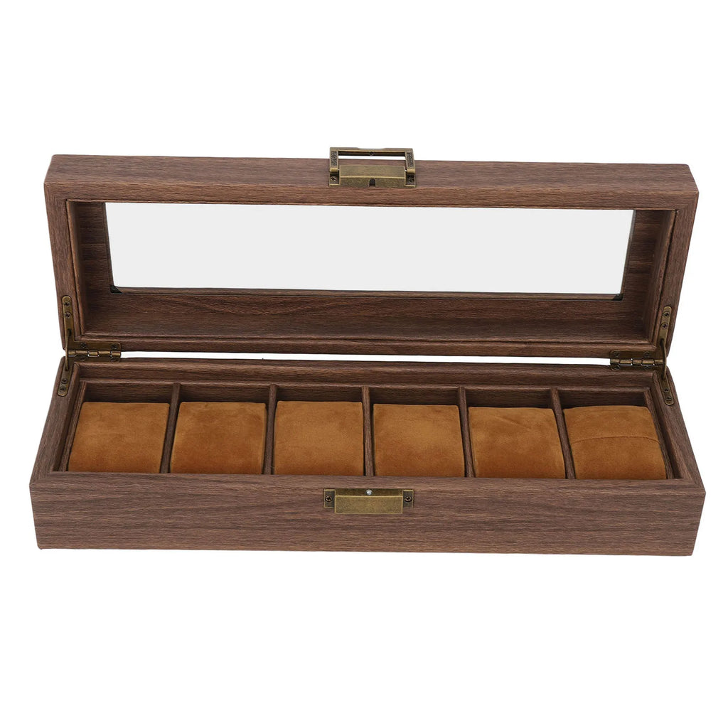 6 Slot Watch Storage Display Box Wood Grain PU Leather Lockable Wristwatch Protective Box Watch Protective Box Watch Display Box Qme as pic