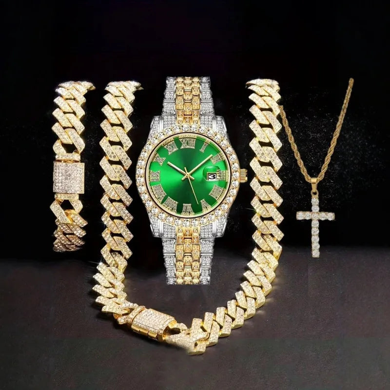 4-in-1 Hip Hop Jewelry Set for Men, Two-tone Iced Out Watch + Cuban Link Chain + Bracelet + Cross Necklace, Gold Silver Tone Qme